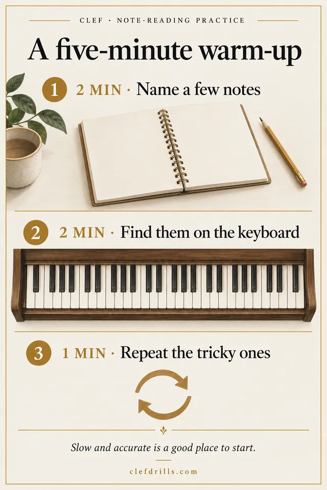 Five-minute piano warm-up poster: spend two minutes naming a few notes, two minutes finding them on the keyboard, and one minute repeating the tricky ones