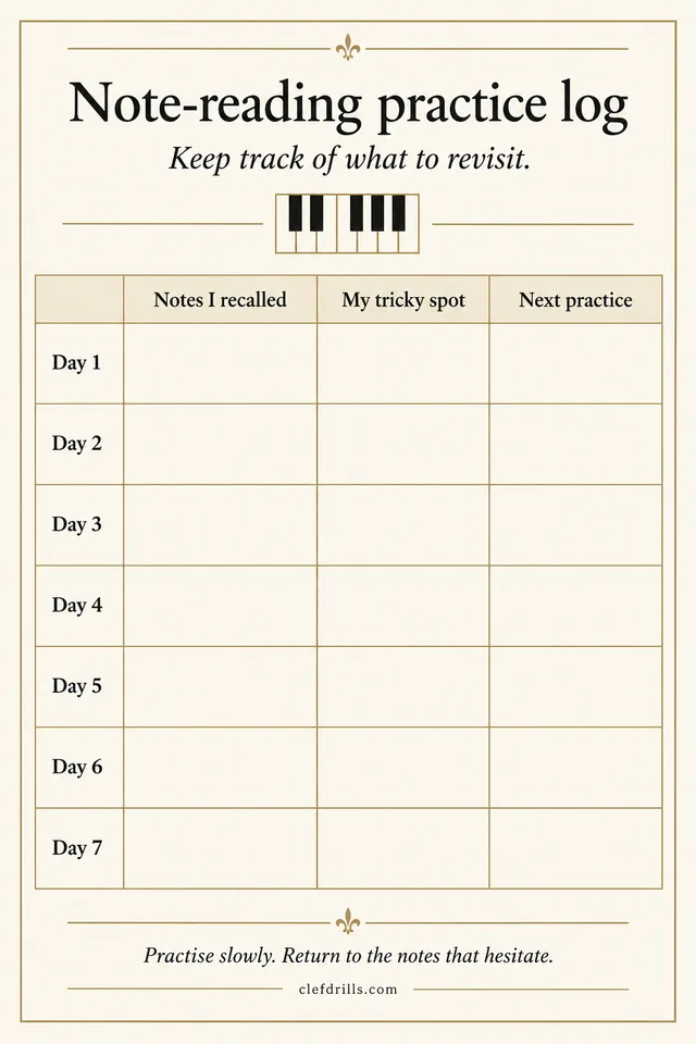 Printable note-reading practice log with rows for Day 1 to Day 7 and columns for notes I recalled, my tricky spot, and next practice