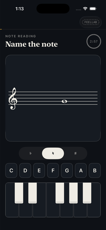 Clef iOS app in dark mode showing the same name-the-note drill