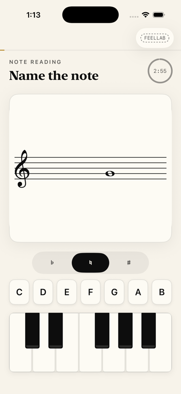 Clef iOS app showing a single note on the treble staff, waiting for an answer